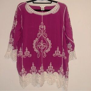 Ultra Pink Magenta Lace Embroidered Blouse 3/4 Sleeve Sz Small